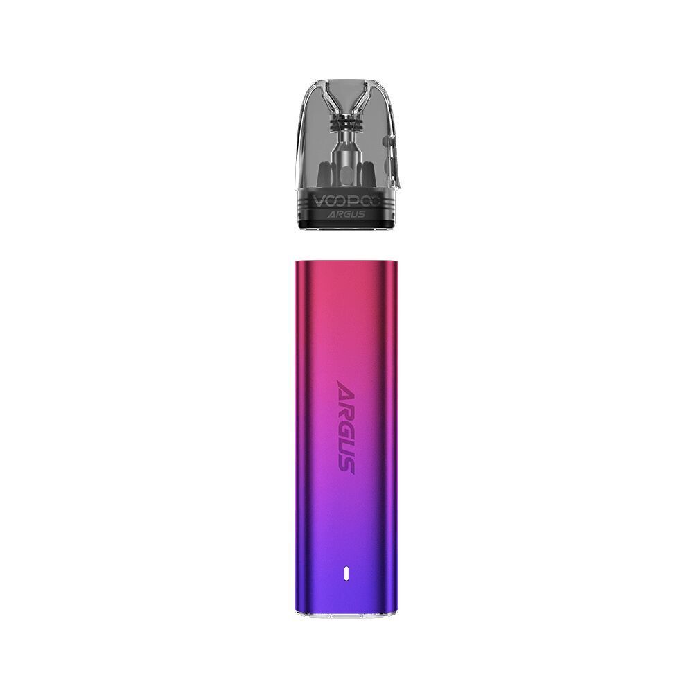 Voopoo Argus G2 Mini Pod Kit in Violet Red, schlankes Design mit einem klaren Pod und „Argus“ Schriftzug auf der Vorderseite