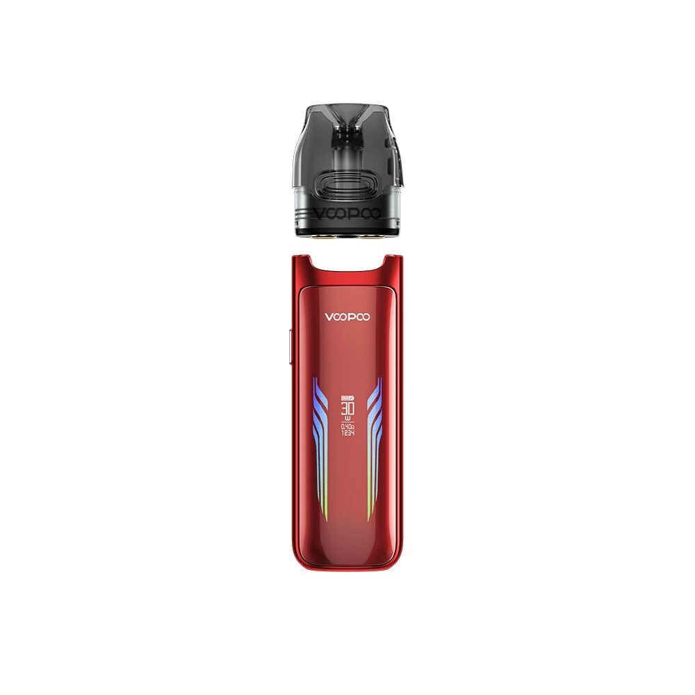Voopoo VMATE Max Pod Kit in Ruby Red mit glänzendem Finish, schwarzem Mundstück, leuchtenden Grafiken und Branding-Details auf der Vorderseite
