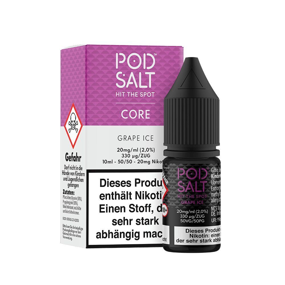 Liquid Grape Ice mit 20mg Nikotin von Pod Salt Core Pod Salt Core Grape Ice Nikotinsalz 20mg Flasche und Verpackung mit Warnhinweisen und Inhaltsangaben sichtbar