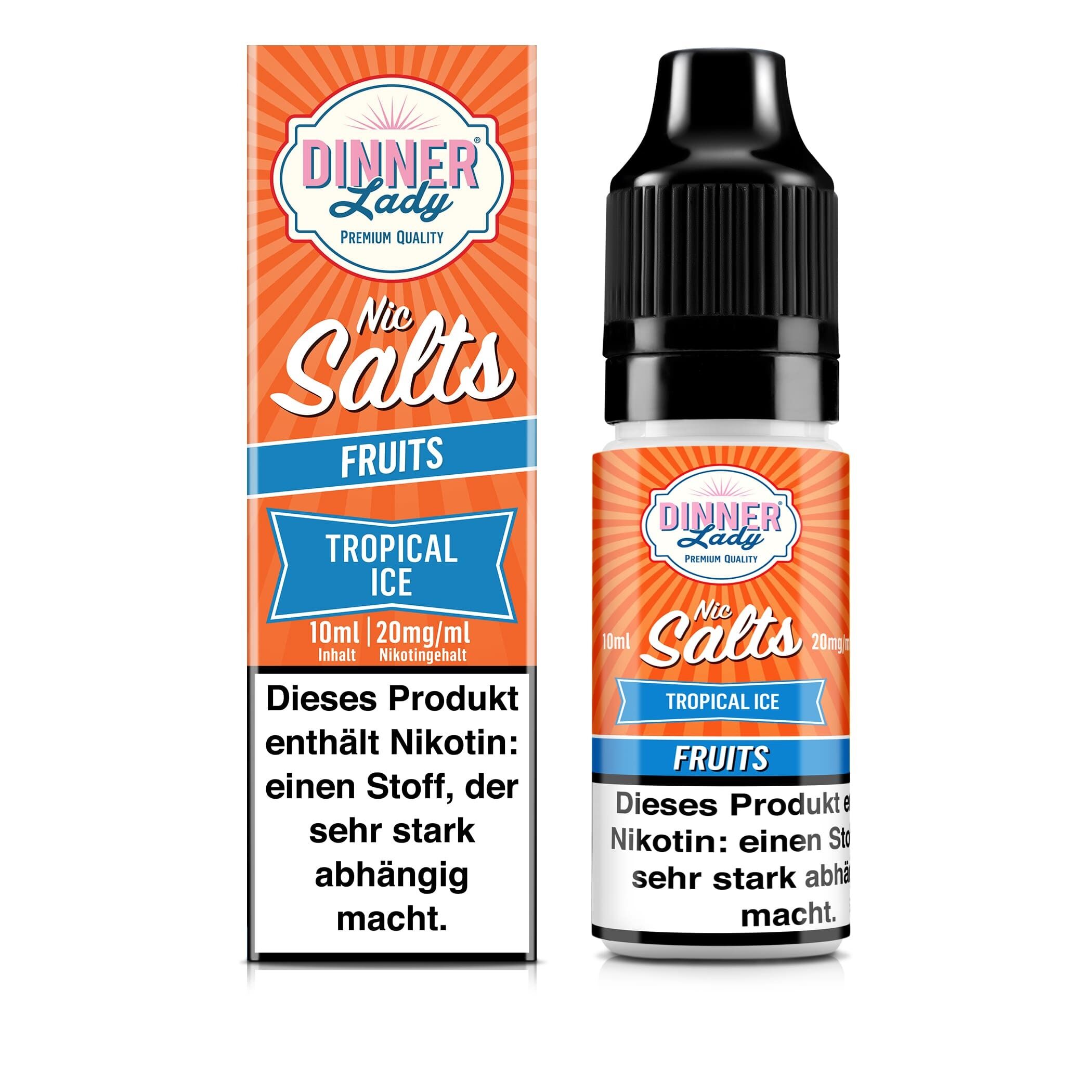 Liquid Tropical Ice von Dinner Lady Dinner Lady Nikotinsalz Tropical Ice 10ml Flasche und Verpackung mit Warnhinweis und orangenem Design