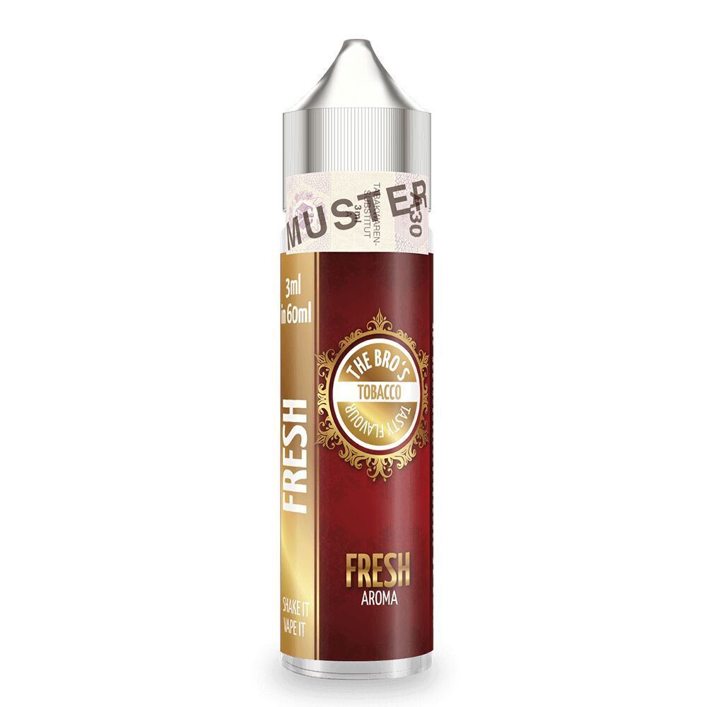 Aroma Tobacco Fresh von The Bros E-Zigarettenliquid-Flasche mit gold-bräunem Etikett, Aufschrift The Bros Aroma Tobacco Fresh, verziert mit einem goldenen Muster