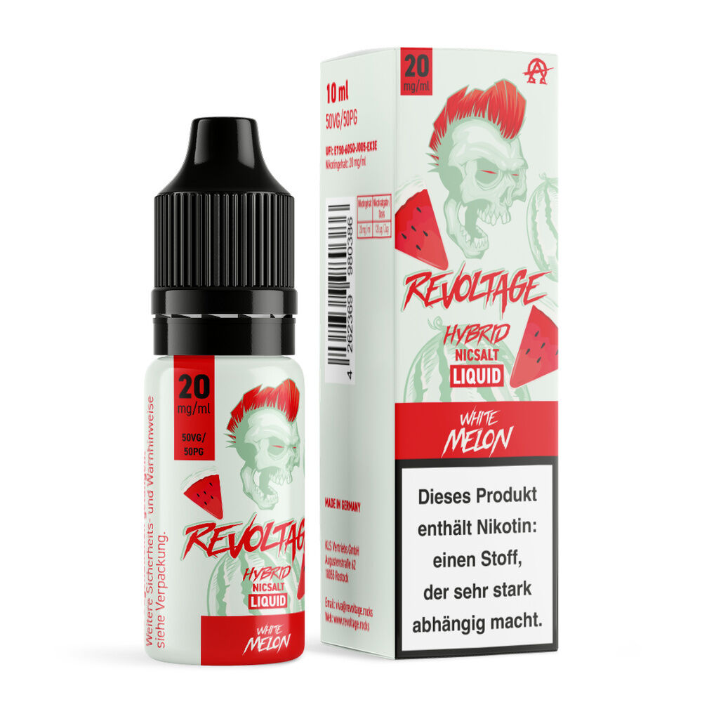 revoltage-hybrid-liquid-white-melon E-Liquid-Flasche und Verpackung von Revoltage Hybrid Liquid White Melon, mit rotem Totenkopf-Design und Information über Nikotingehalt.