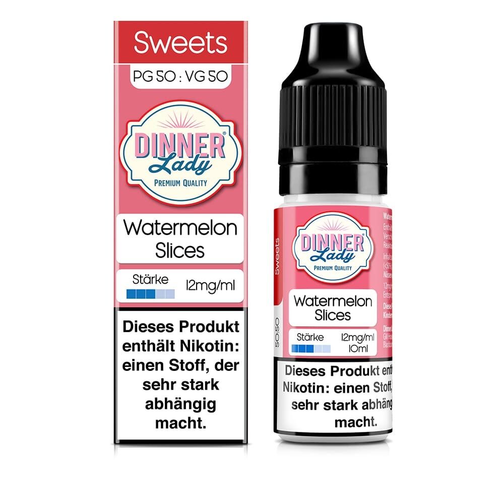 Liquid Watermelon Slices mit 12mg Nikotin von Dinner Lady Dinner Lady Liquid Flasche und Verpackung mit der Aufschrift Watermelon Slices, Stärke 12mg/ml, enthält Nikotin, rotes und weißes Design