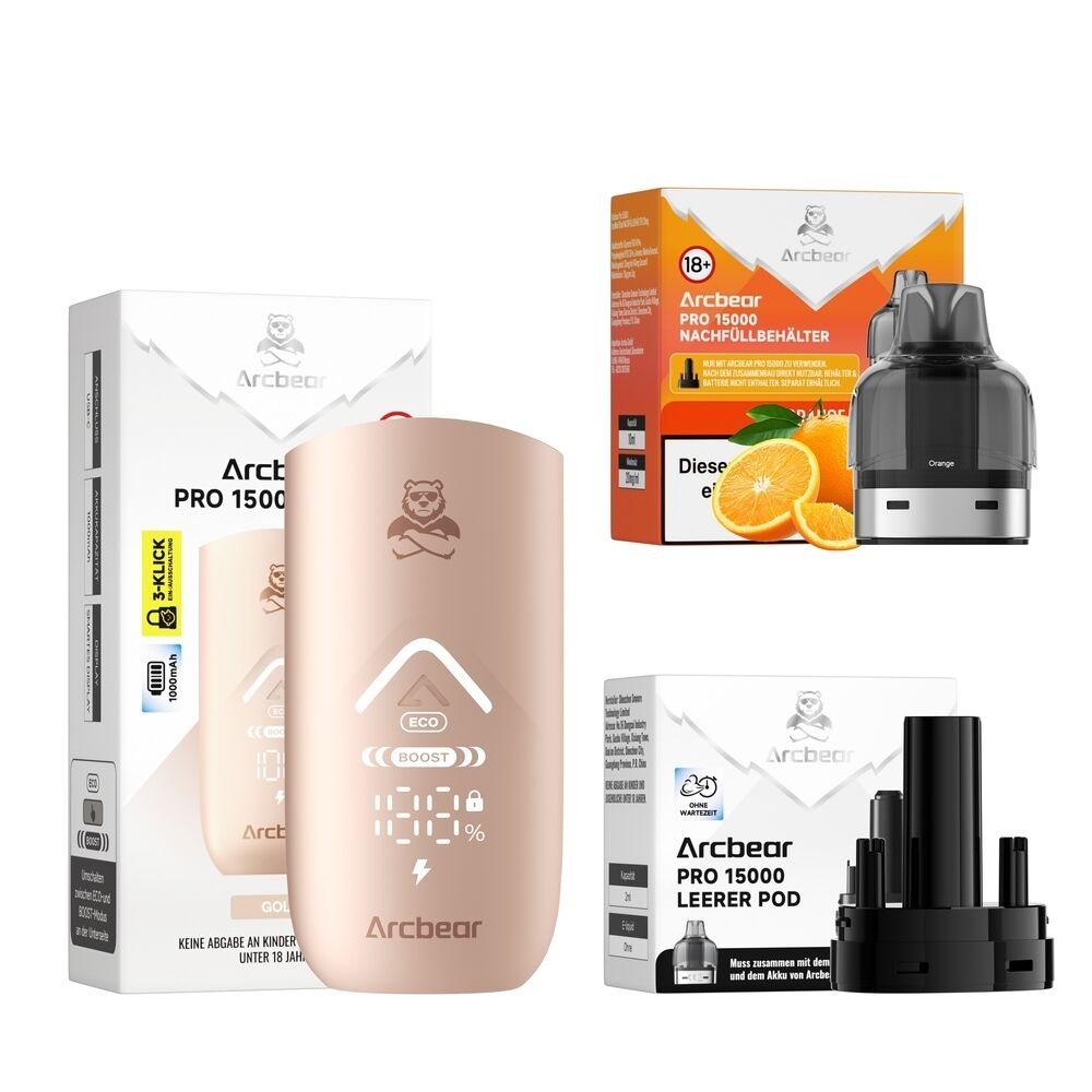Arcbear Pro 15000 Set mit orangefarbenem Nachfüllbehälter, Verdampfer und batteriebetriebenem Gerät, zeigt ECO- und BOOST-Optionen