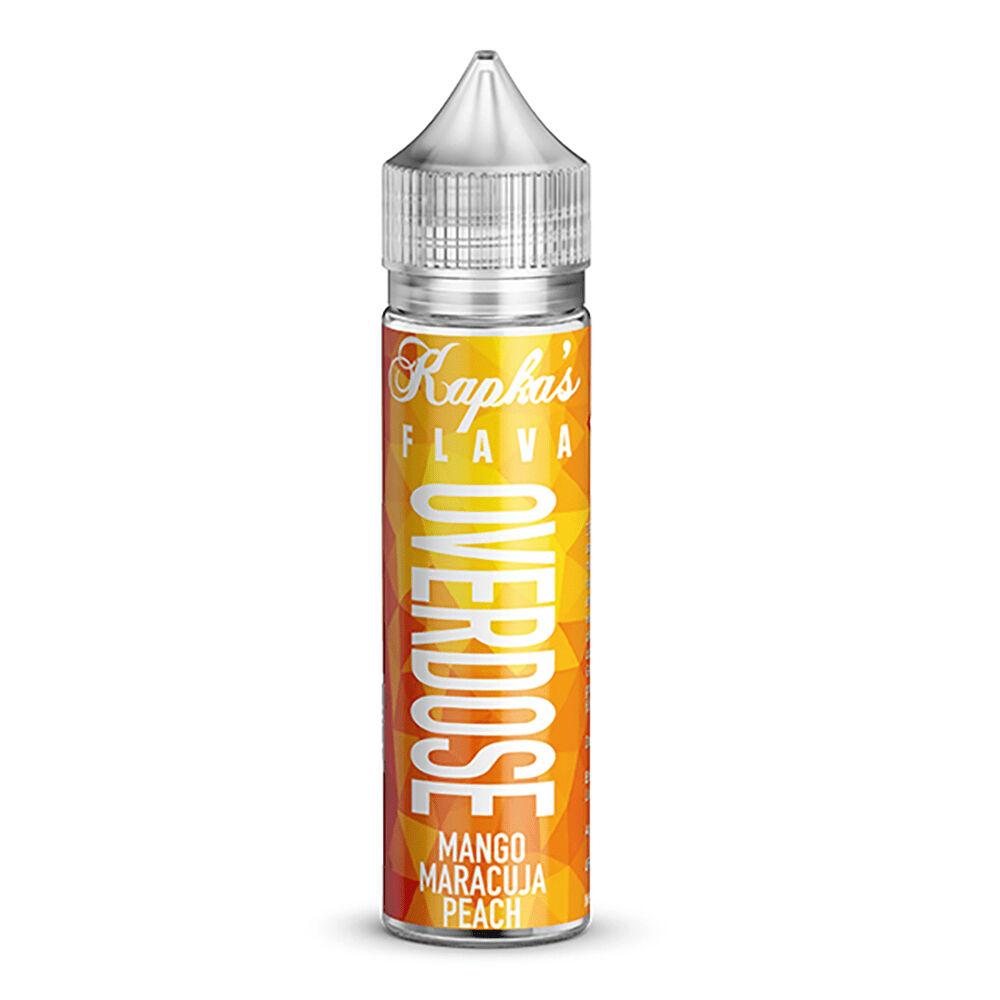 KAP2002 E-Liquid-Flasche aus Metall mit Aufdruck Kapka's Flava Overdose Mango Maracuja Peach in Gelb- und Orangetönen mit transparentem Verschluss.
