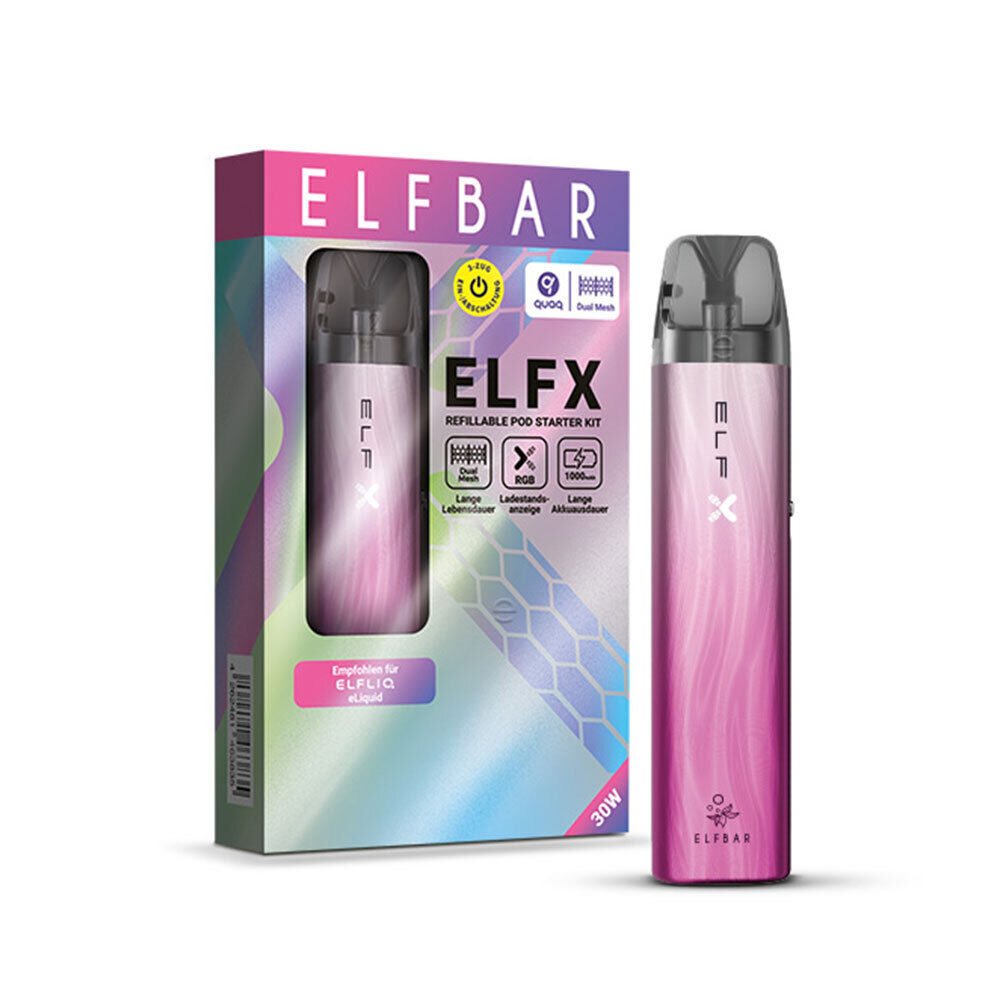 Elfbar Elfx Pod Kit in der Farbe Silver Pink Elfbar Elfx Pod Kit in Silver Pink, abgebildet neben der Verpackung mit Details wie Dual Mesh und 3,5 ml Kapazität.