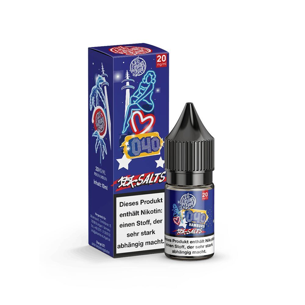 187 Strassenbande Liquid - 040 Hamburg 20mg E-Liquid-Flasche und Verpackung von 187 Strassenbande Liquid - 040 Hamburg 20mg, mit Warnhinweis zu Nikotinsucht auf beiden.