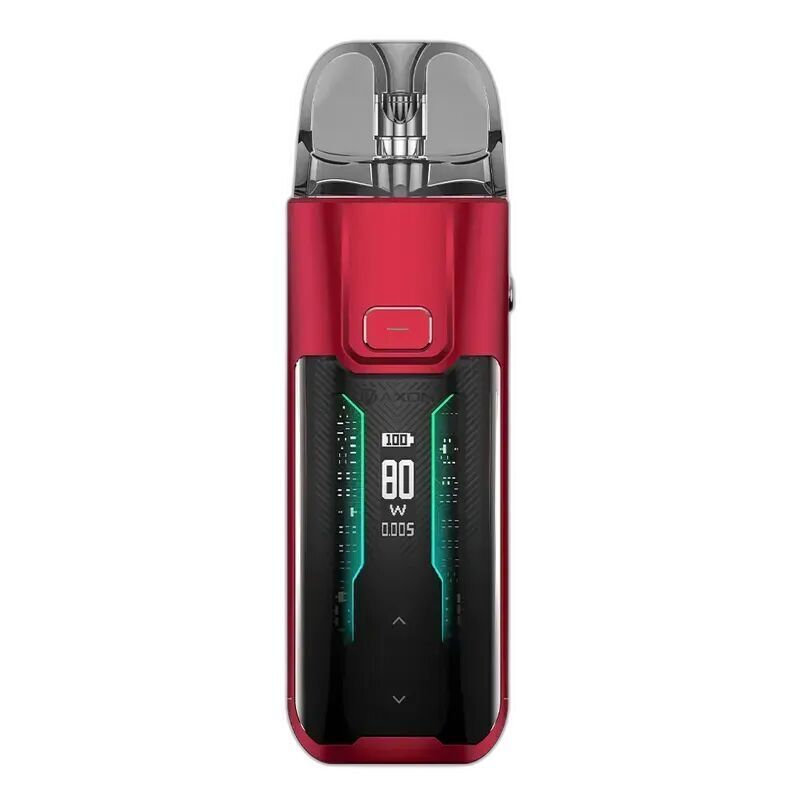 Vaporesso Luxe XR Max Pod Kit Red Vaporesso Luxe XR Max Pod Kit in Rot, mit transparentem Mundstück, beleuchtetem Display zeigt 80 W, digitalisierte Anzeige in der Mitte