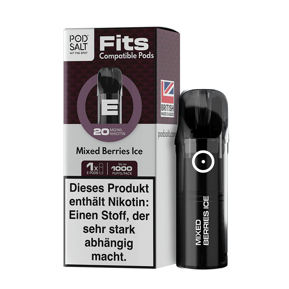 Pod Salt Fits Pods - Mixed Berries Ice 20mg Pod Salt Fits Pods Mixed Berries Ice 20mg, schwarzes E-Pod-Gerät neben Verpackung mit Warnhinweis und britischer Flagge