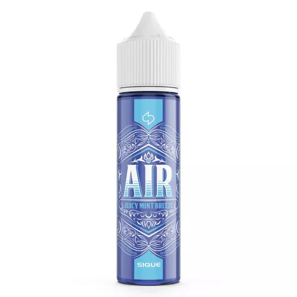 Aroma Air von Sique Berlin Blaue Flasche mit weißem Deckel, Label zeigt "AIR" und "Juicy Mint Breeze", verziert mit weißem, kunstvollem Muster, Marke Sique Berlin
