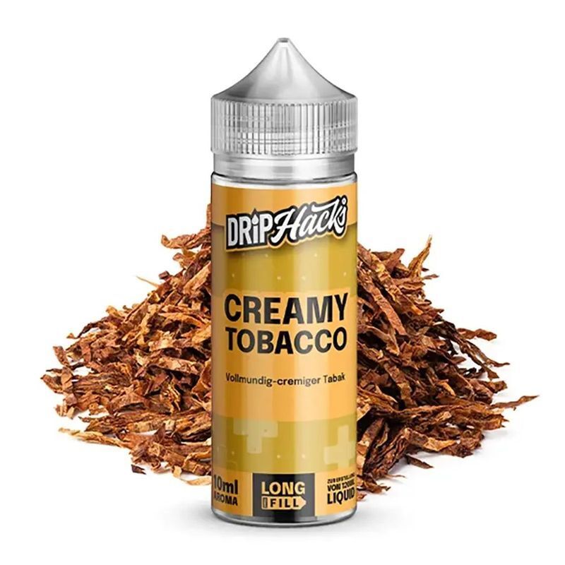 Aroma Creamy Tobacco von Drip Hacks Drip Hacks Aroma-Flasche Creamy Tobacco vor Tabakblättern, 10ml, vollmundig-cremiger Geschmack, Long Fill Flüssigkeit.