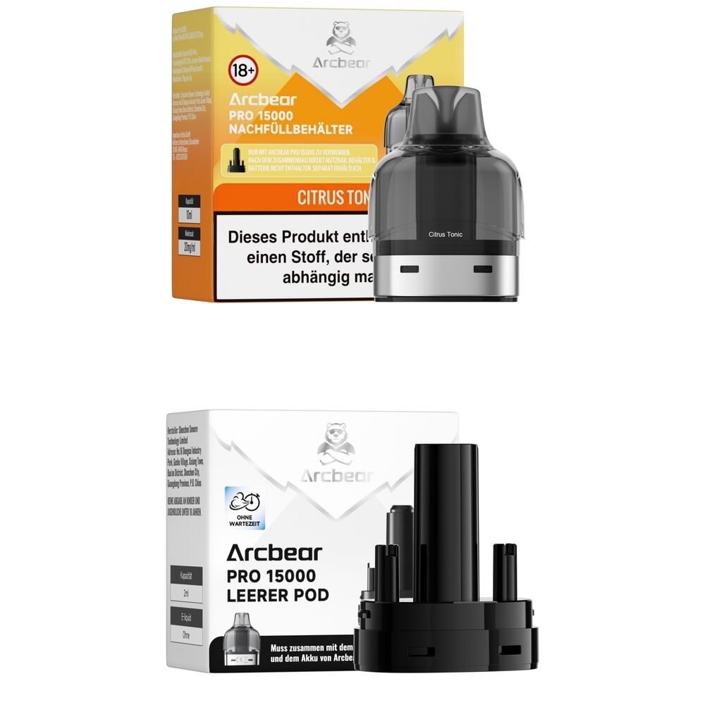 Arcbear Pro 15000 Pods Nachfüllbehälter und leerer Pod mit Citrus Tonic 20mg Branding, in Verpackung mit Warnhinweisen.