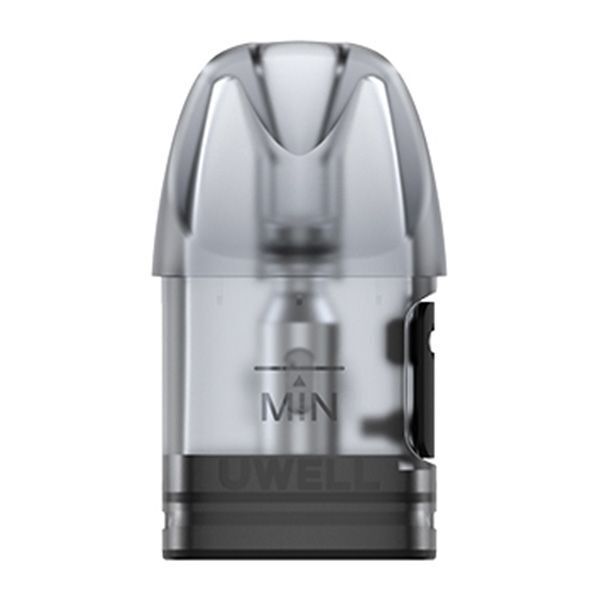 Uwell Caliburn A2S Pod 1,2 Ohm Uwell Caliburn A2S Pod 1,2 Ohm mit transparentem Gehäuse, sichtbarem Liquidstand und Min-Markierung, schwarzer Verschluss an der Seite.