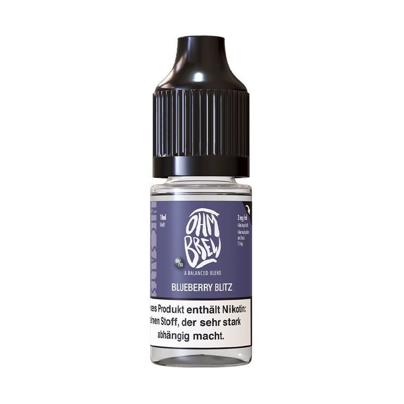 Ohm Brew Nikotinsalz - Blueberry Blitz Ohm Brew Nikotinsalz Blueberry Blitz 18mg E-Liquid in einer Flasche mit schwarzem Deckel, blauer Etikettierung, Hinweis auf Nikotin enthalten.