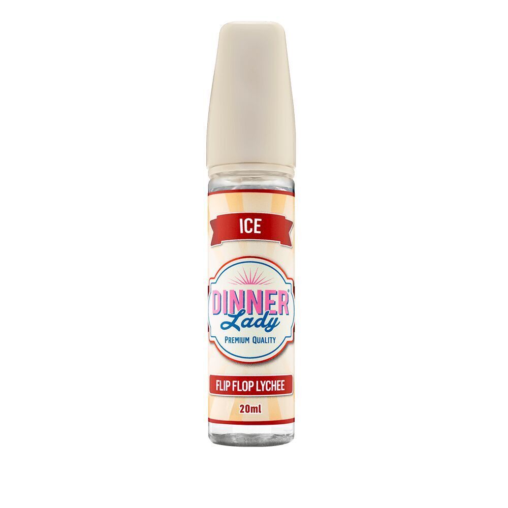Aroma Flip Flop Lychee von Dinner Lady Dinner Lady Aroma Flip Flop Lychee Flasche mit beigem Deckel und Aufschrift "ICE", E-Liquid mit 20 ml Inhalt und hellem Etikettendesign.