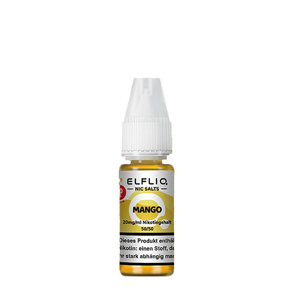 Elfliq Nikotinsalz - Mango 20mg Elfliq Nikotinsalz Mango 20mg in gelbem Fläschchen mit weißem Verschluss und sichtbarem Hinweis auf Nikotingehalt.