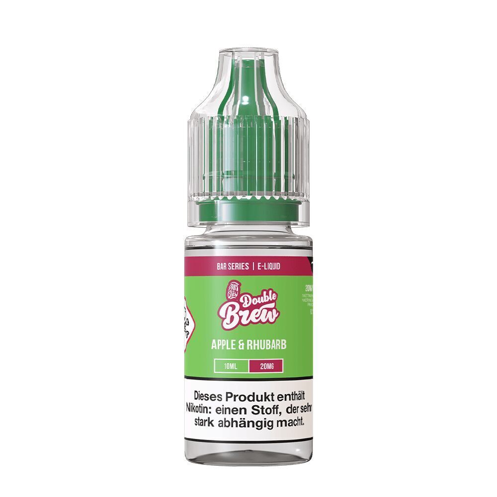 Liquid Apple Rhubarb 20mg - Double Brew Flasche Double Brew Nikotinsalz, 10ml, Geschmack Apple Rhubarb, Etikett in Grün und Rot, Warnhinweis zu Nikotinabhängigkeit