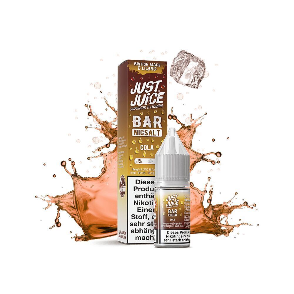 Liquid Cola 10mg - Just Juice Just Juice Nikotinsalz Cola 10mg Flasche und Box, umgeben von spritzender Cola-Flüssigkeit und einem Eiswürfel.