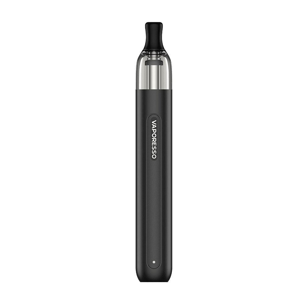Vaporesso Eco One Pod Kit Vaporesso Eco One Pod Kit, schwarzer Zylinder mit schmalem Mundstück, silberne Akzente, horizontaler Schriftzug "VAPORESSO" im Gehäuse