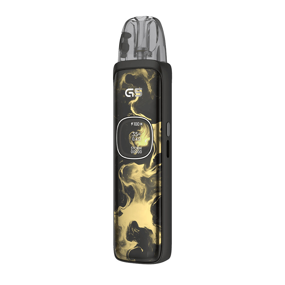 Uwell Caliburn G5 Pod Kit Uwell Caliburn G5 Pod Kit mit schwarzem Gehäuse, goldenem Rauchmuster, Display mit Akkuanzeige, Leistungs- und Ohminformationen.