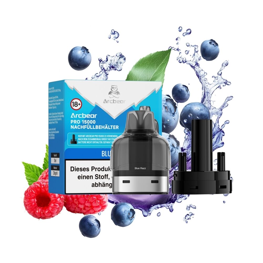 Arcbear Pro 15000 Pods - Blue Razz 20mg Arcbear Pro 15000 Pods Blue Razz 20mg, Verpackung und Nachfüllbehälter mit Blaubeeren und Himbeeren im Hintergrund