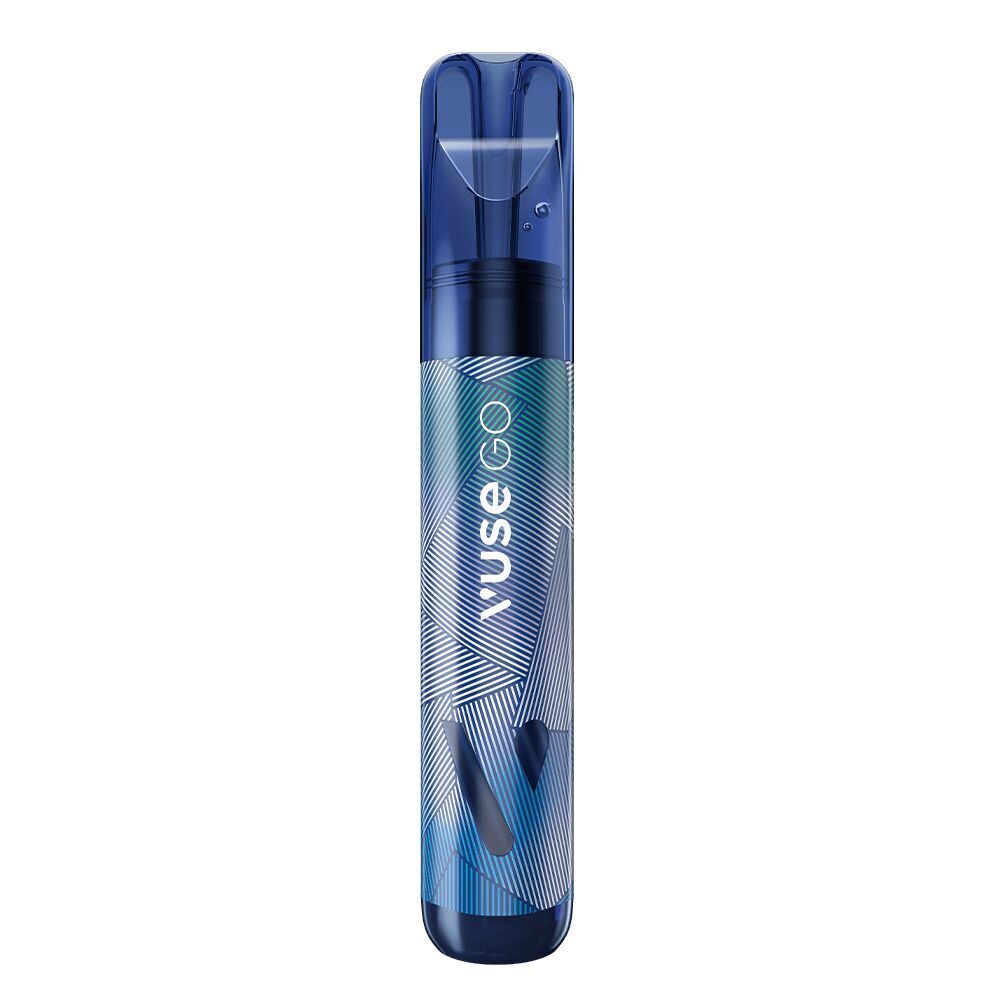 Blueberry Ice 20mg - Vuse GO 1000 Einweg Vuse GO 1000 Blueberry Ice 20mg, schlanker, blauer Einweg-Vape Pen mit geometrischem Muster und Vuse-Logo.