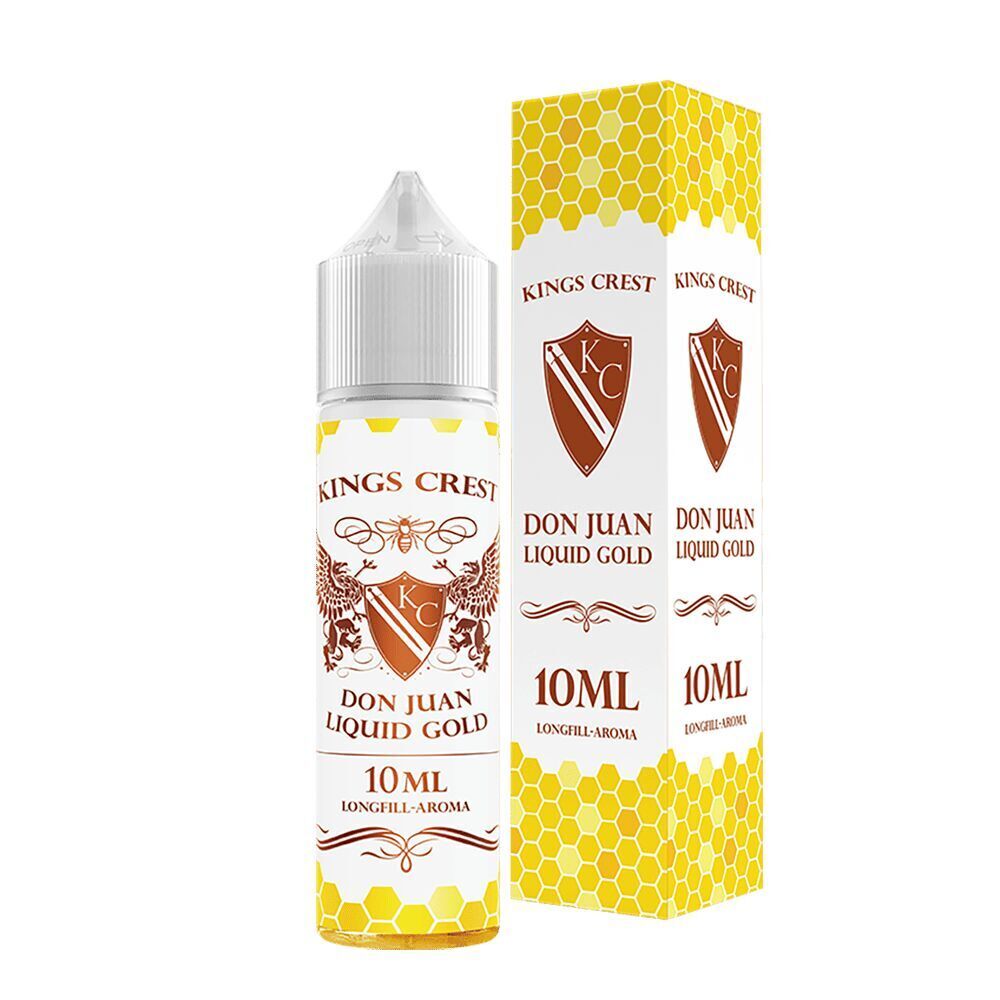 Kings Crest Aroma - Don Juan Gold Kings Crest Aroma Don Juan Gold 10 ml Flasche und Verpackung mit goldenen Wabenmuster und braunem Wappen auf weißem Hintergrund