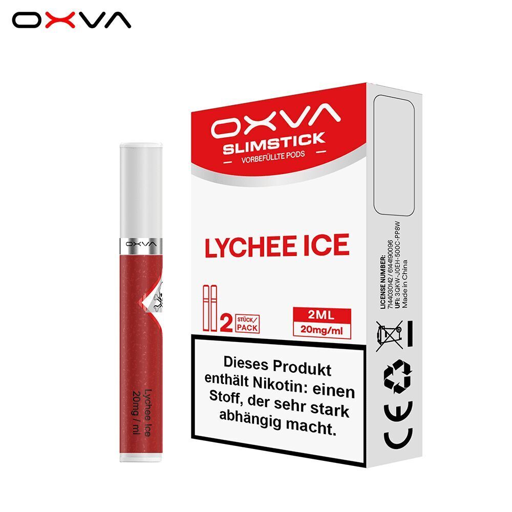 Oxva Slimstick Pods Lychee Ice - 20mg Nikotinsalz Oxva Slimstick Pods-Lychee Ice 20mg Verpackung und ein einzelner roter Pod-Stick, Warnhinweis zu Nikotinabhängigkeit deutlich sichtbar