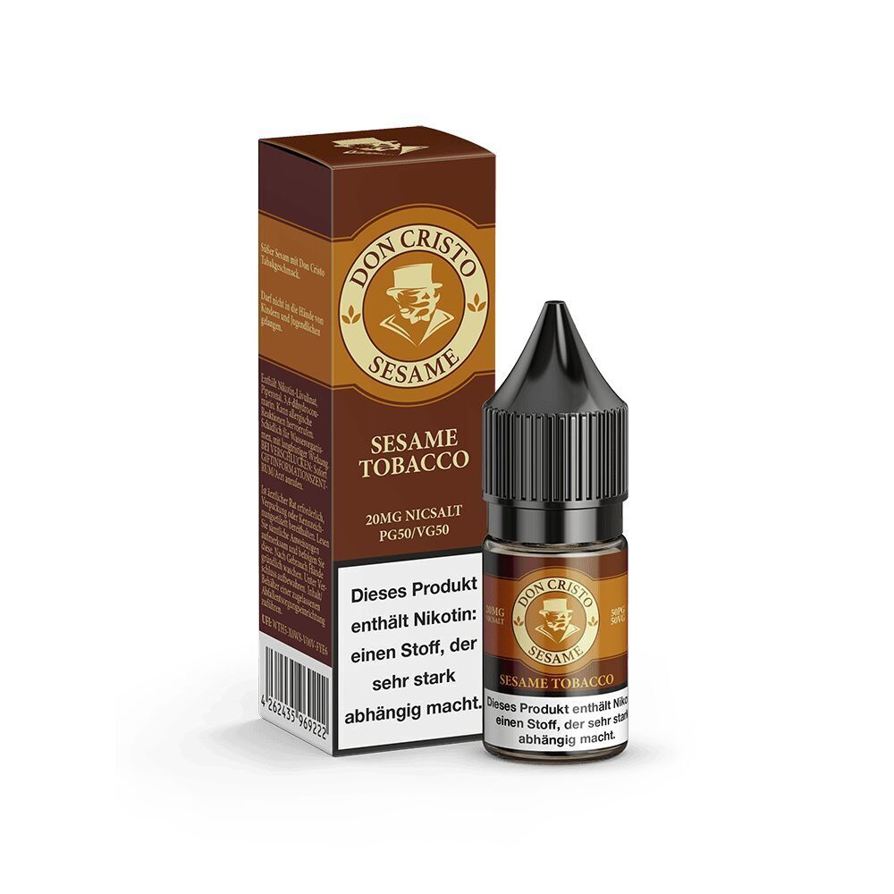 Liquid Sesame 20mg - Don Cristo Flasche Don Cristo Nikotinsalz, Geschmack Sesame Tobacco, 20 mg, neben brauner Verpackung mit Logo und Textwarnung über Nikotin.