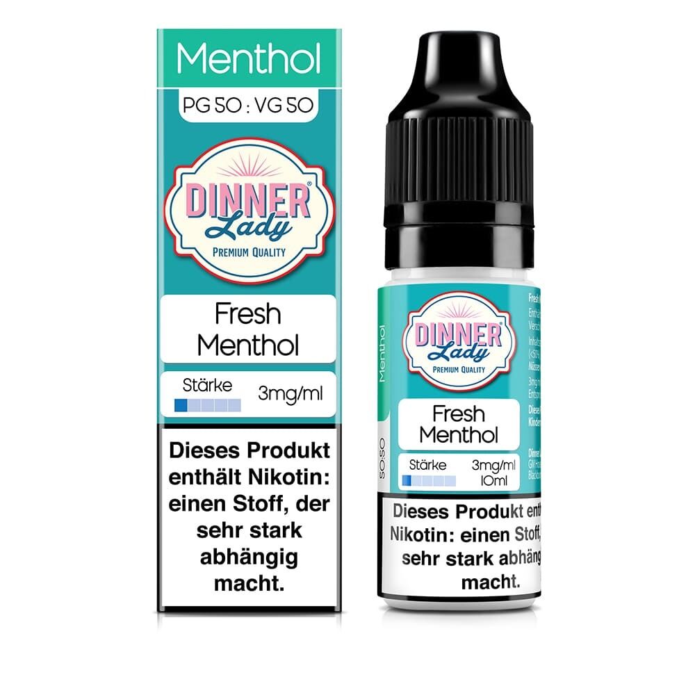 Liquid Fresh Menthol von Dinner Lady Dinner Lady Liquid Fresh Menthol 10ml Flasche, grün-weiße Verpackung, enthält 3mg/ml Nikotin, Warnhinweis vor Nikotinabhängigkeit.