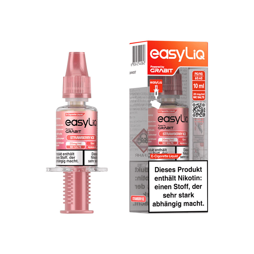 Grabit EasyLiQ Liquid - Strawberry Ice 20mg Grabit EasyLiQ Liquid-Flasche, Strawberry Ice 20mg, mit rosa Tropfer, daneben Verpackung mit Nikotin-Warnhinweis und QR-Code