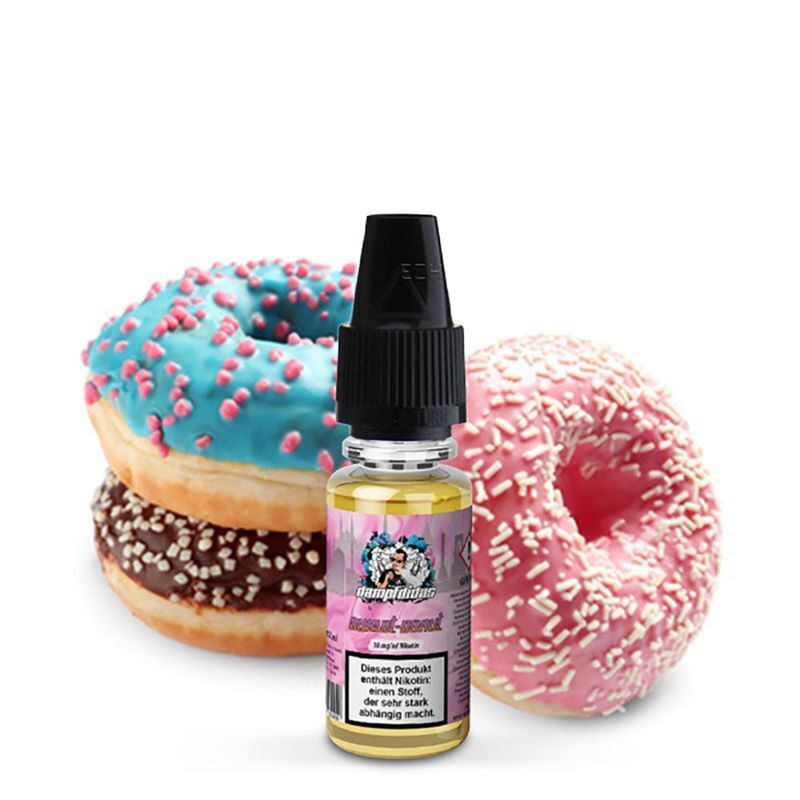 Liquid Sweet Donut mit 10mg Nikotin von Dampfdidas Nikotin-Flasche mit pinkem Etikett vor einem bunten Donuthintergrund, Text: Dampfdidas Nikotinsalz - Sweet Donut 10mg
