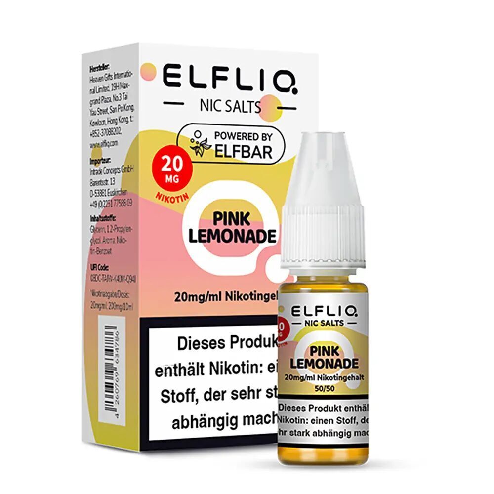 Elfliq Nikotinsalz - Pink Lemonade 20mg Elfliq Nikotinsalz Pink Lemonade 20mg Flasche mit Verpackung, dekoriert mit gelb-rosa Design und Produktinformationen, Warnhinweise darauf sichtbar