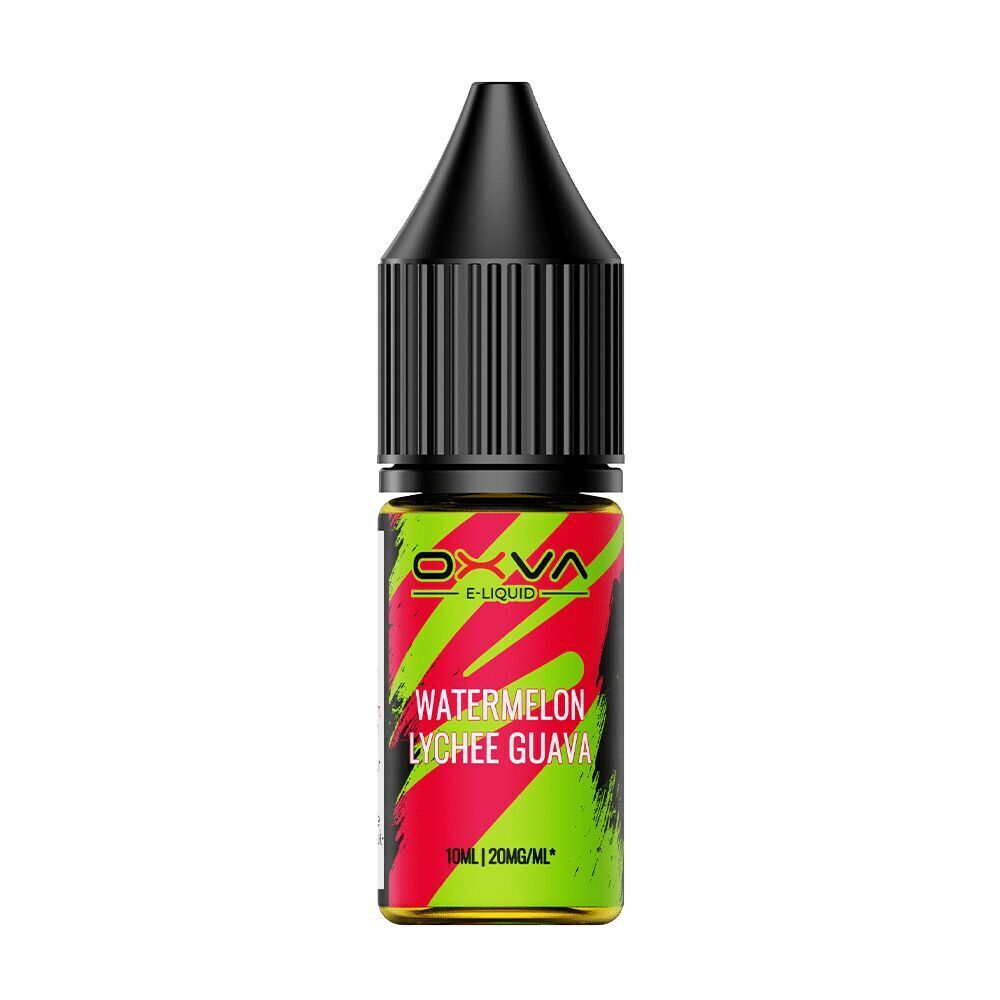 Oxva Nikotinsalz mit Watermelon Lychee Guava Geschmack, 10 ml Flasche, 20 mg/ml, auffälliges rotes und grünes Design mit schwarzem Deckel.