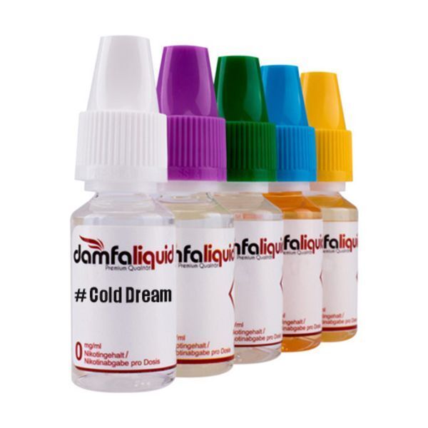 Liquid # Hashstag Cold 12mg - Damfaliquid Fünf E-Liquid-Flaschen von Damfaliquid, sortiert nach bunten Verschlusskappen, mit sichtbarem Label "# Cold Dream" auf der vordersten Flasche.