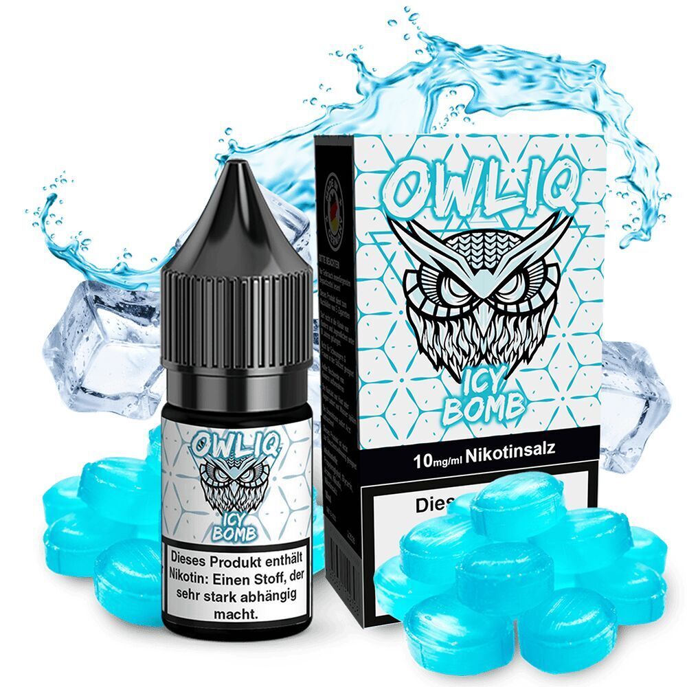 Owliq Nikotinsalz - ICY Bomb Nikotinsalz-Flasche und Verpackung von Owliq Icy Bomb mit Eulenlogo, umgeben von blauen Eiswürfeln und Bonbons.