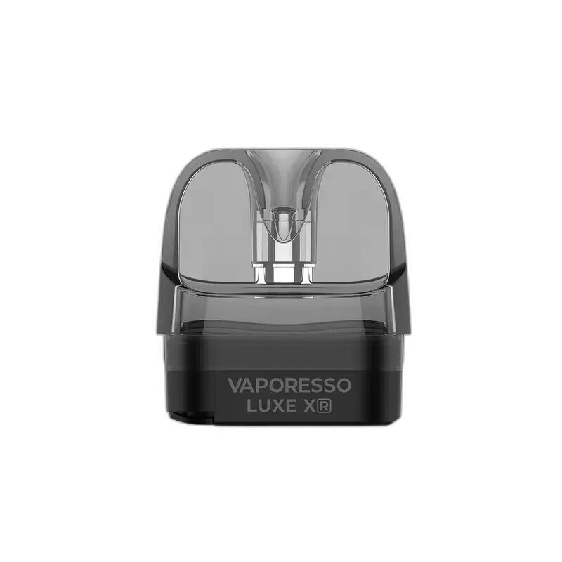 Vaporesso Luxe XR Leerpods Vaporesso Luxe XR Leerpod mit transparenter Kappe und sichtbarem Mundstück, Markenname unten auf schwarzer Basis sichtbar.