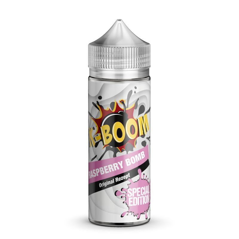 K-Boom Aroma Flasche mit "Raspberry Bomb" und "Special Edition"-Beschriftung, bunte Grafik mit Farbexplosion auf weißem Hintergrund