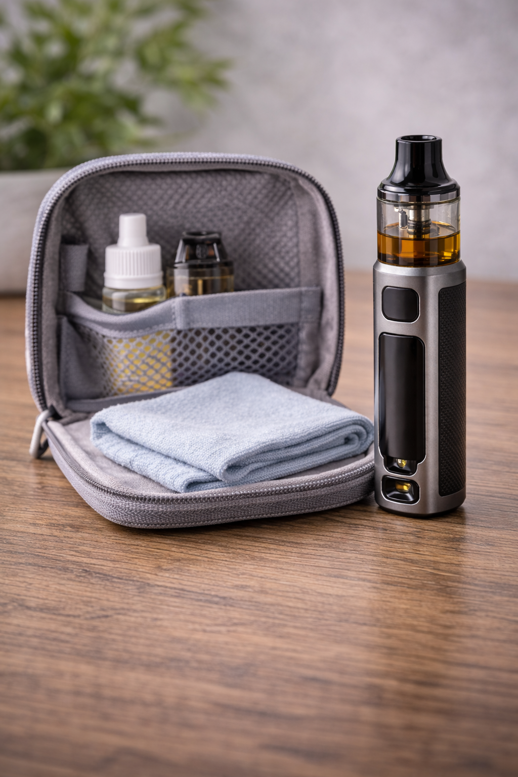 E-Zigarette steht aufrecht neben einem geöffneten, grauen Etui mit Mikrofasertuch. Im Netzfach liegen E-Liquid und Pod. Beispiel für transport- und auslaufsichere Aufbewahrung unterwegs. 