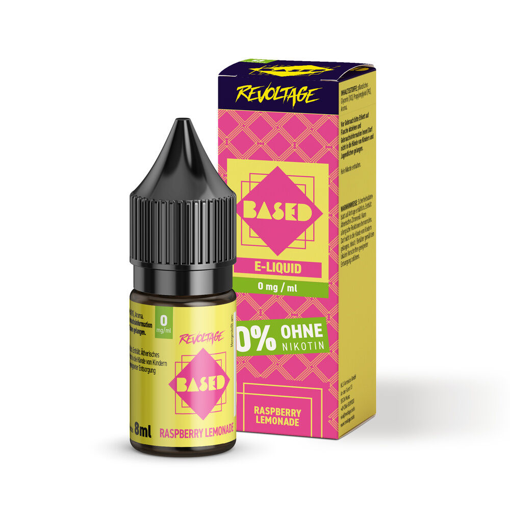 Flasche und Verpackung von Revoltage Based Liquid Raspberry Lemonade E-Liquid, 0 mg/ml Nikotin, gelb-pinkes Design mit schwarzem Deckel