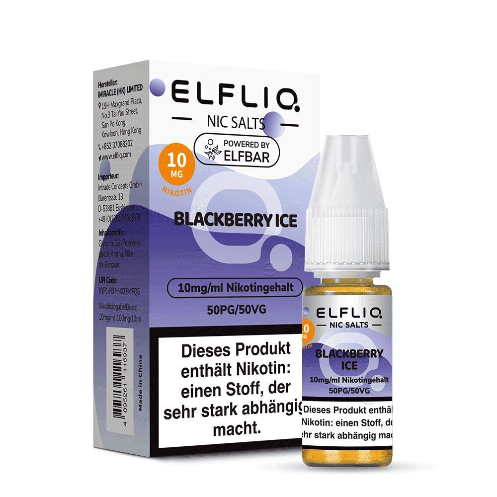 Elfliq Nikotinsalz - Blackberry Ice 10mg Elfliq Nikotinsalz Blackberry Ice 10 mg, Verpackung und Flasche mit blauer und lila Gestaltung sowie Nikotin-Warnhinweis.