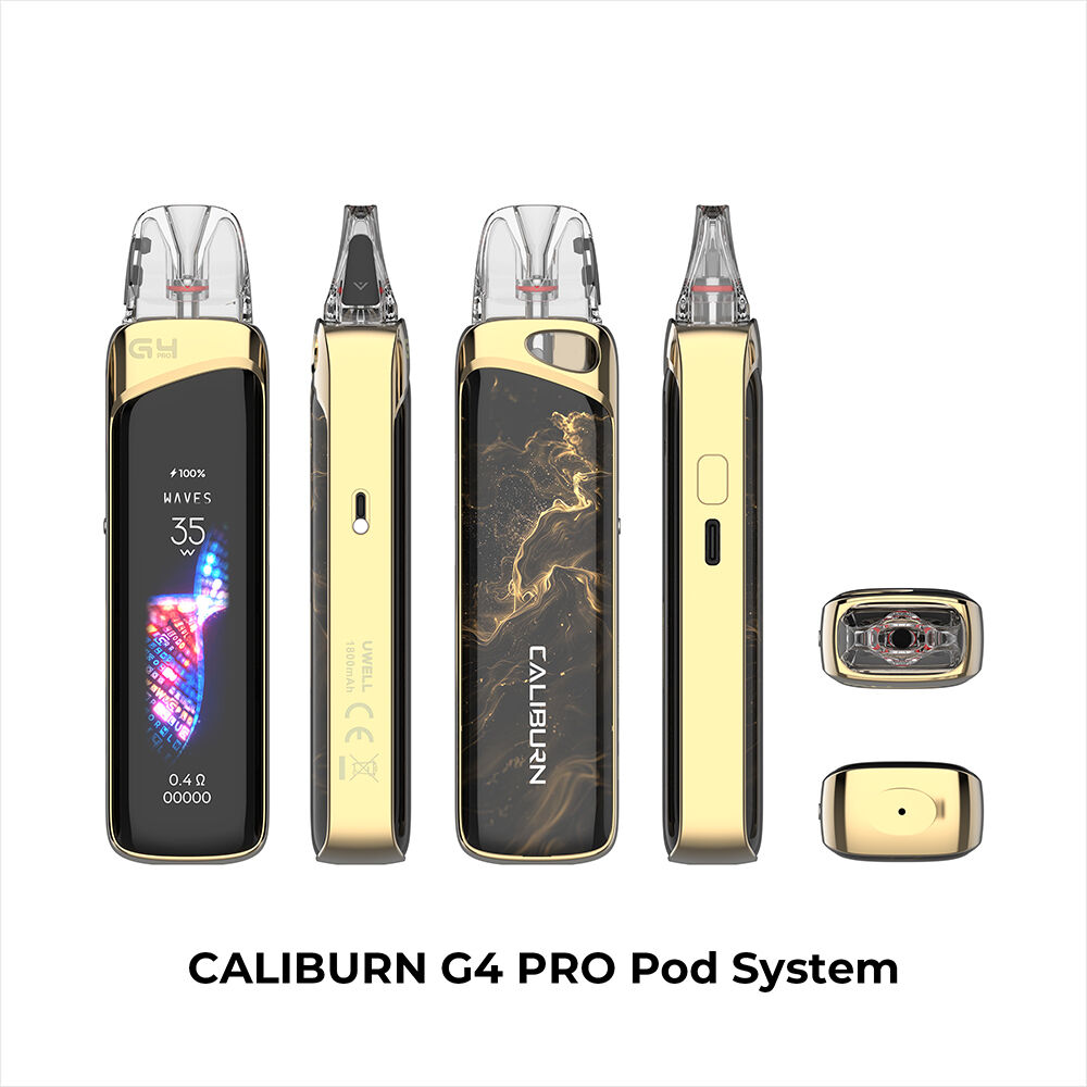 Uwell Caliburn G4 Pro Pod Kit in Goldoptik, mit sichtbarem Display und gold-schwarzer Marmorstruktur, mehrere Ansichten und Zubehör.