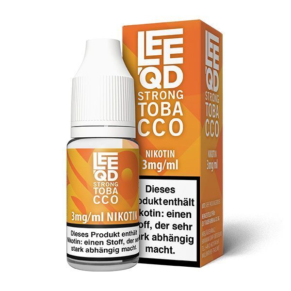 Liquid Tabak Strong Tobacco - Leeqd Flasche und Verpackung von Leeqd Liquid Tabak Strong Tobacco, 3mg/ml Nikotin, mit orangefarbenem Design und Warnhinweis über Nikotinabhängigkeit