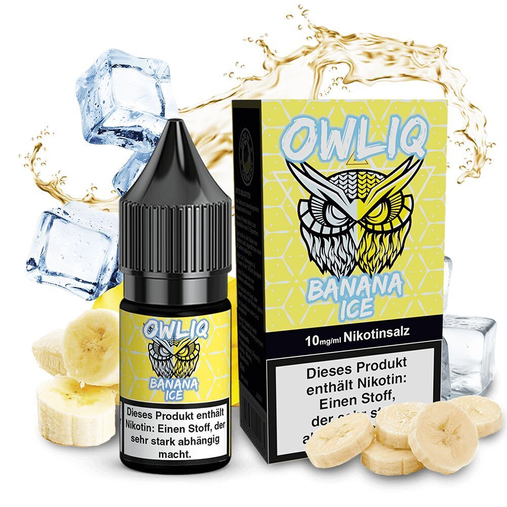 Owliq Nikotinsalz - Banana Ice Owliq Nikotinsalz Banana Ice Flasche vor Verpackung mit Eule-Design, umgeben von Eiswürfeln und Bananenscheiben.