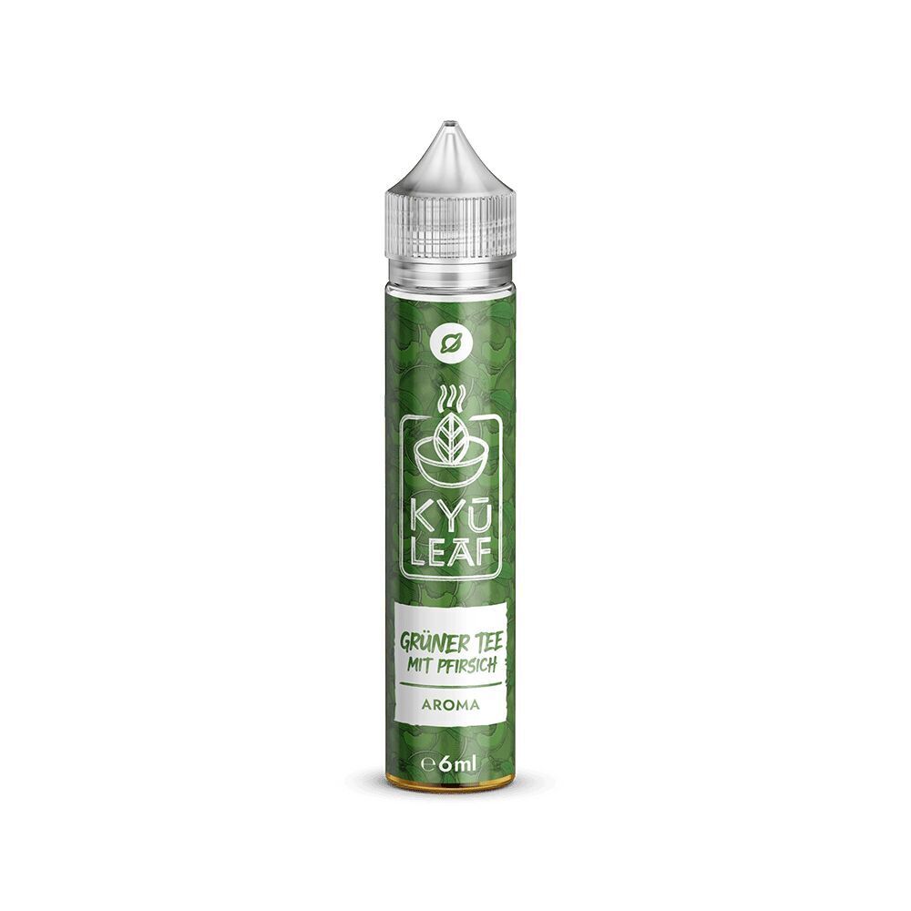 Flavorverse Aroma Flasche mit grüner Verpackung, Aufschrift: Grüner Tee mit Pfirsich, 6ml Flüssigkeit, Kappenverschluss.