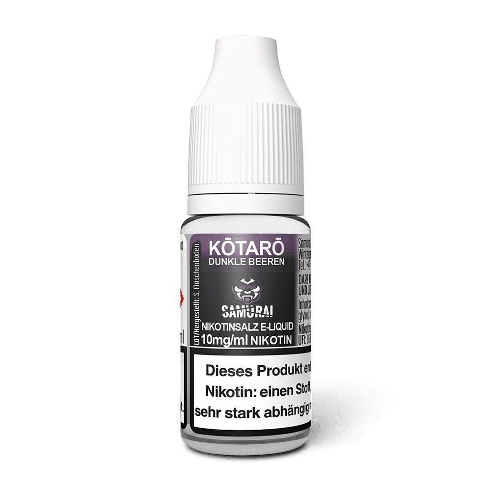 Liquid Kotaro Dunkle Beeren 10mg - Samurai Flasche Nikotinsalz-E-Liquid, Marke Samurai, Geschmacksrichtung Kotaro Dunkle Beeren, enthält 10mg/ml Nikotin, Warnhinweise auf Etikett.