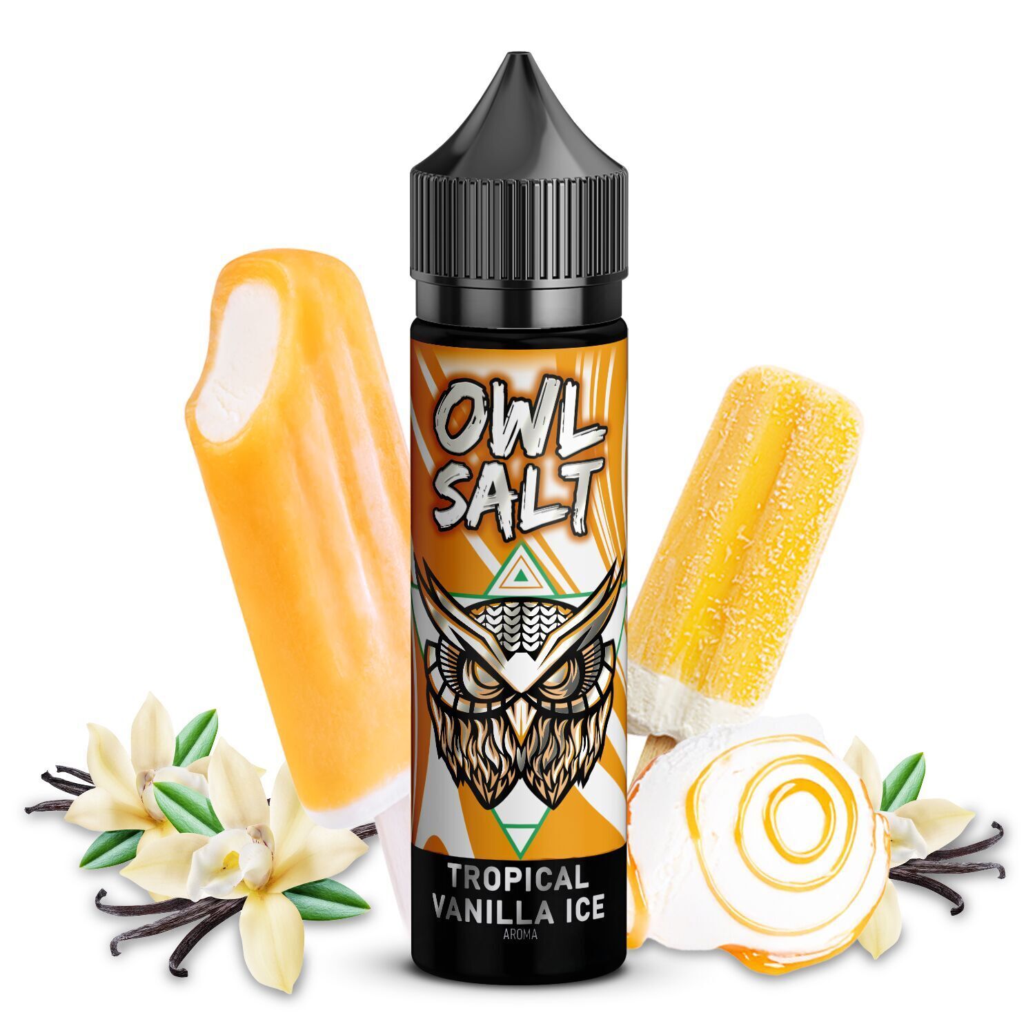 Aroma Salt Tropical Vanilla Ice - Owl Salt OWL Salt Tropical Vanilla Ice Aroma-Flasche vor orangen Eis am Stiel, Vanilleblüten und stilisiertem Eulen-Motiv