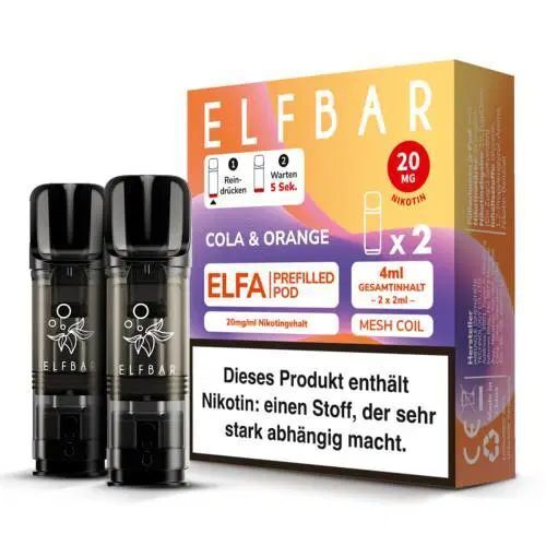 Cola Orange Elfa Pods von Elfbar 20mg Elfbar ELFA Pods Cola Orange 20mg mit zwei schwarzen Geräten, Verpackung mit Markennamen und Nikotin-Warnhinweis im Hintergrund.