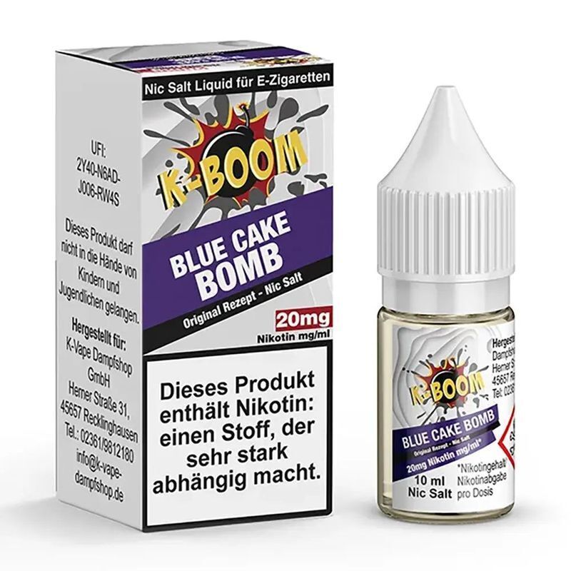 K-Boom Nikotinsalz - Blue Cake Bomb 20mg K-Boom Nikotinsalz Blue Cake Bomb 20mg Verpackung mit Flasche; Warnhinweis: Enthält Nikotin, macht stark abhängig