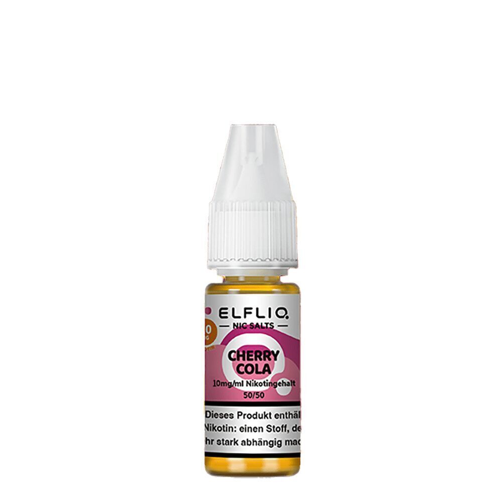 Elfliq Nikotinsalz - Cherry Cola 10mg Elfliq Nikotinsalz Cherry Cola 10mg Flasche mit pink-weißem Etikett und Hinweis auf Nikotingehalt, goldgelbe Flüssigkeit im Inneren.